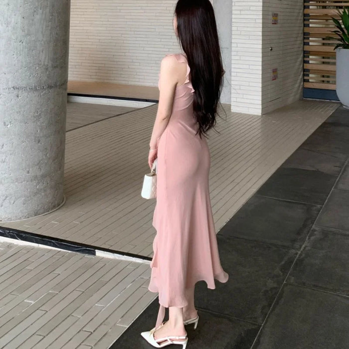 Women Slip Long Dress Lady Pink Lace Panel Slim Fit Ruffled Mermaid Dress Female Summer Alluring Bodycon Maxi Vacation Dress