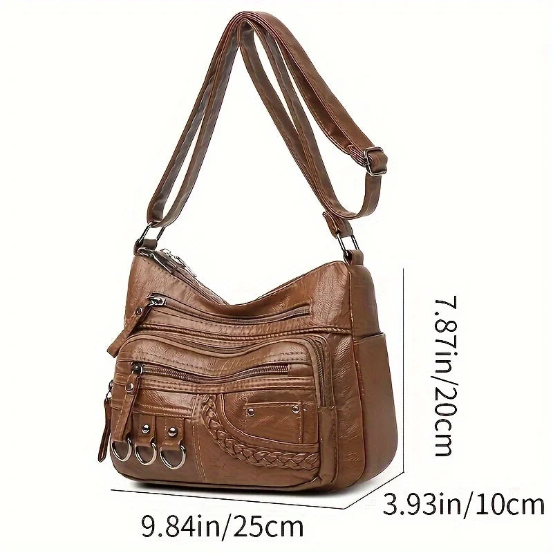 Vintage Multi-Pocket Crossbody Bag | Braided Trim & Ring Details | Braviixx