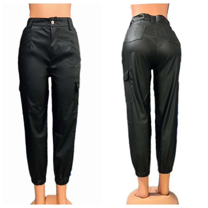 Women's Cargo Pants 2023 Fashion Street Trends Pocket Design Cuffed Y2k Tight PU Leather Trousers Autumn High Waist Pant Female