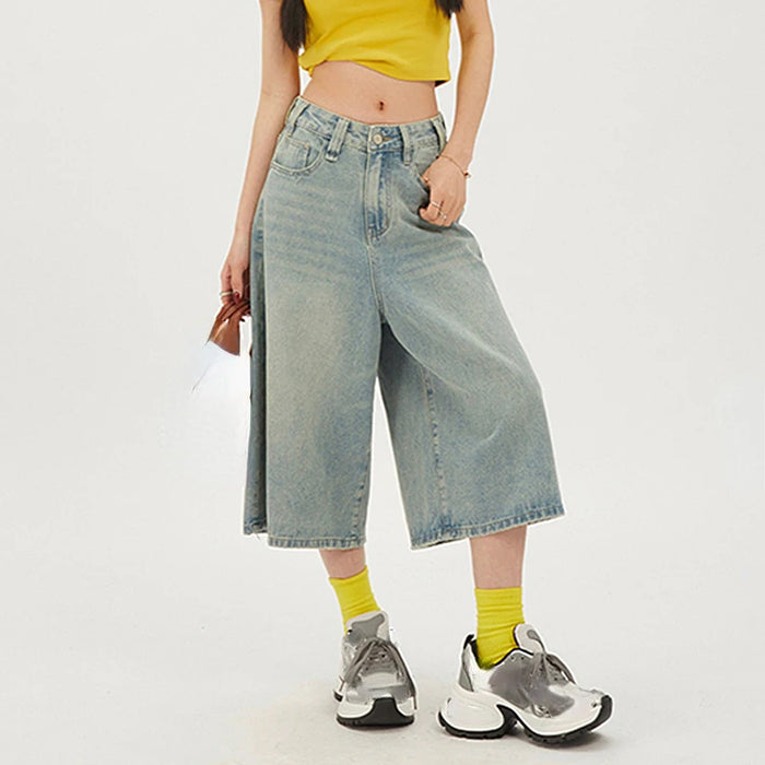 2026 Summer Y2k Retro Women Low Waisted Wash Cropped Baggy Jeans Wide Leg Frayed Denim Short Pants Korean Fashion Pants