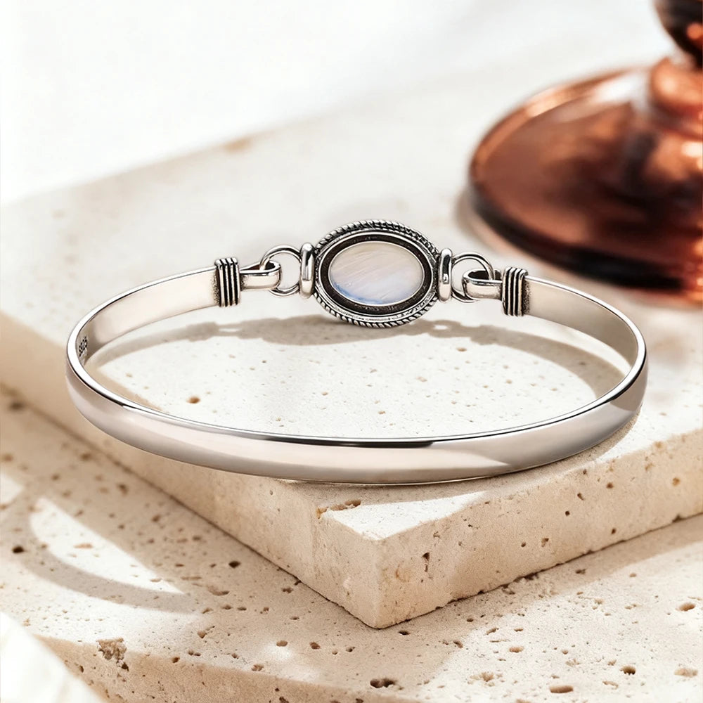 Vintage 925 Silver Natural Oval Moonstone Bangle 7.5 inches Handmade Bangle Fine Jewelry Valentines Gift for Girlfriend Women