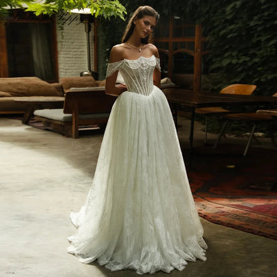 Off-Shoulder Beaded Lace Wedding Dress | A-Line | Braviixx