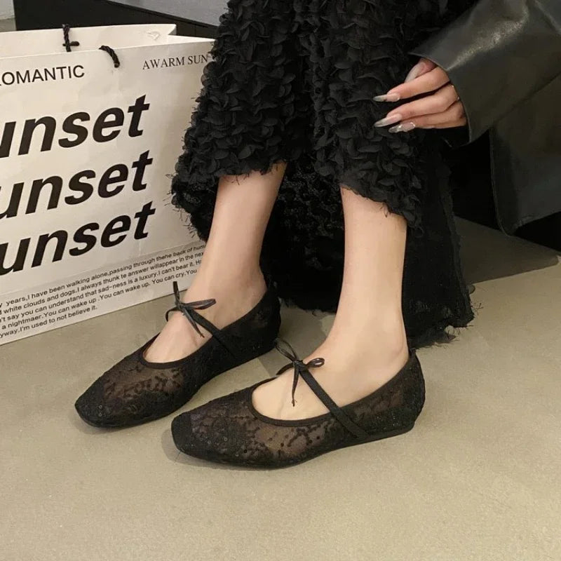 2025 Summer New Women Flats Shoes Square Head Shallow Mouth Women Shoes Fashion Bow Ballet Flat Shoes for Women Zapatos De Mujer