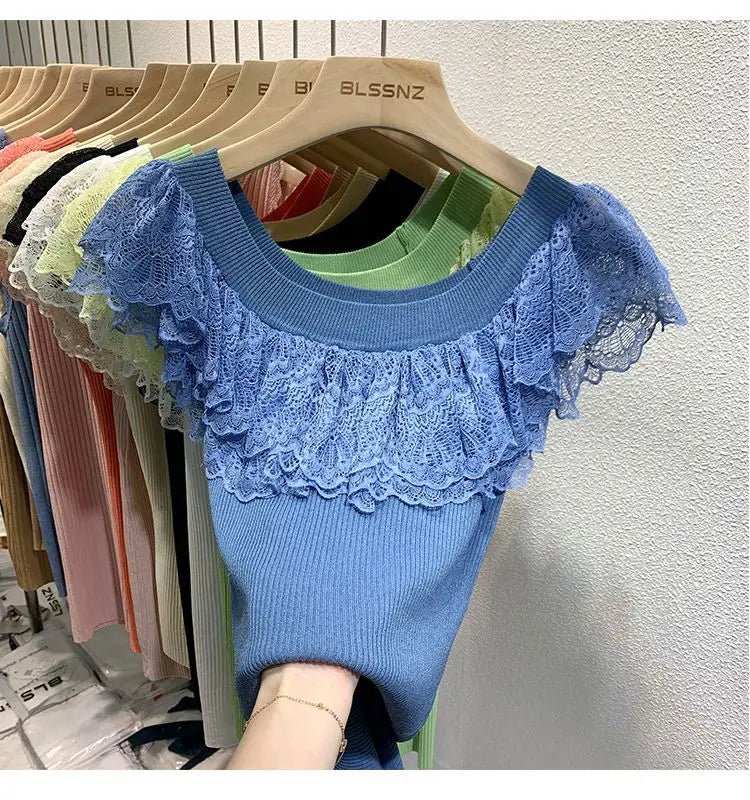 Off the Shoulder Lace Ruffle Knit Top Rib-Knit Bardot Neck Sweater Blouse Tops Women Spring Summer 2026 Lady Coquette Fairycore