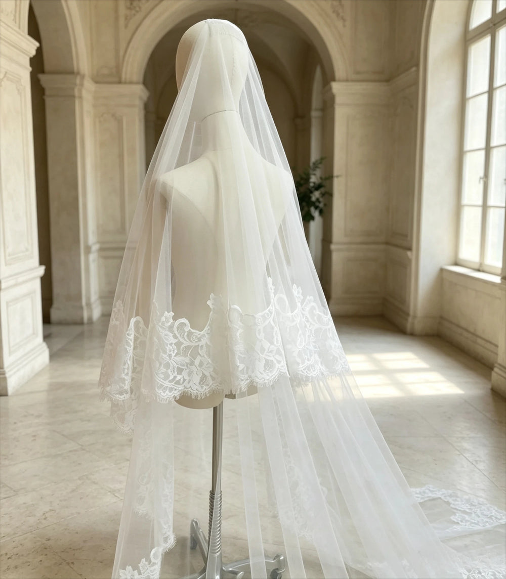 Lace-Edge Cathedral Bridal Veil | Two-Tier with Blusher | Braviixx