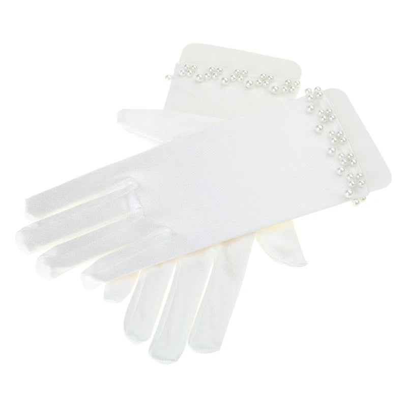 Wedding Bridal Satin Short Gloves Pearl Beaded  Prom Mittens