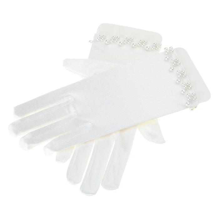 Wedding Bridal Satin Short Gloves Pearl Beaded  Prom Mittens