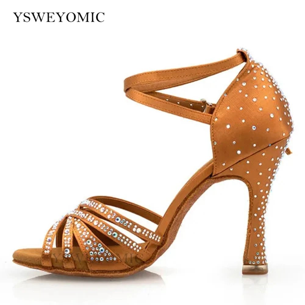 Women's Brown Rhinestone Latin Dance Heels | Braviixx