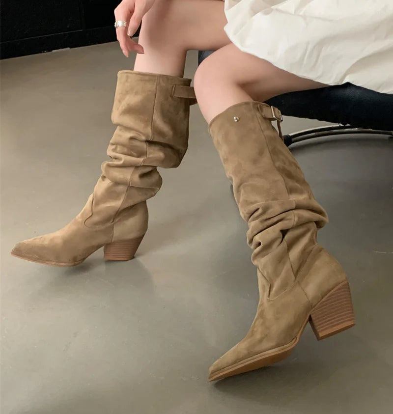 Faux Suede Western Boots | Buckle & Block Heel | Braviixx