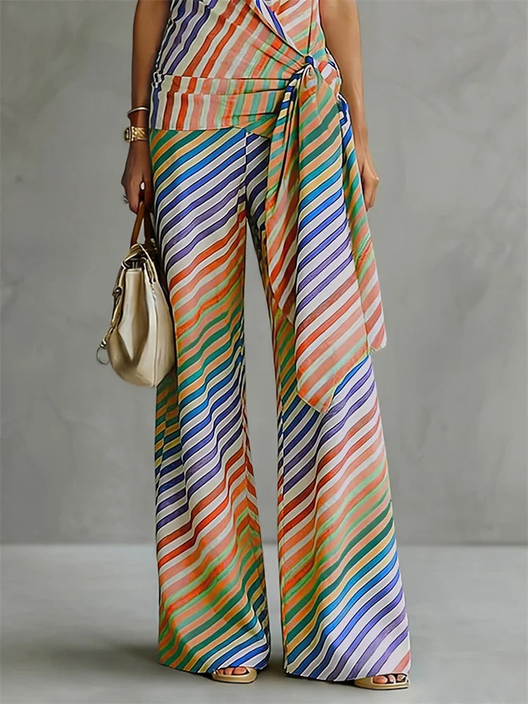 Yeezzi Women's Multicolor Diagonal Striped Palazzo Pants 2026 New Fashion Loose Casual High Waist Wide Leg Trousers Bottoms