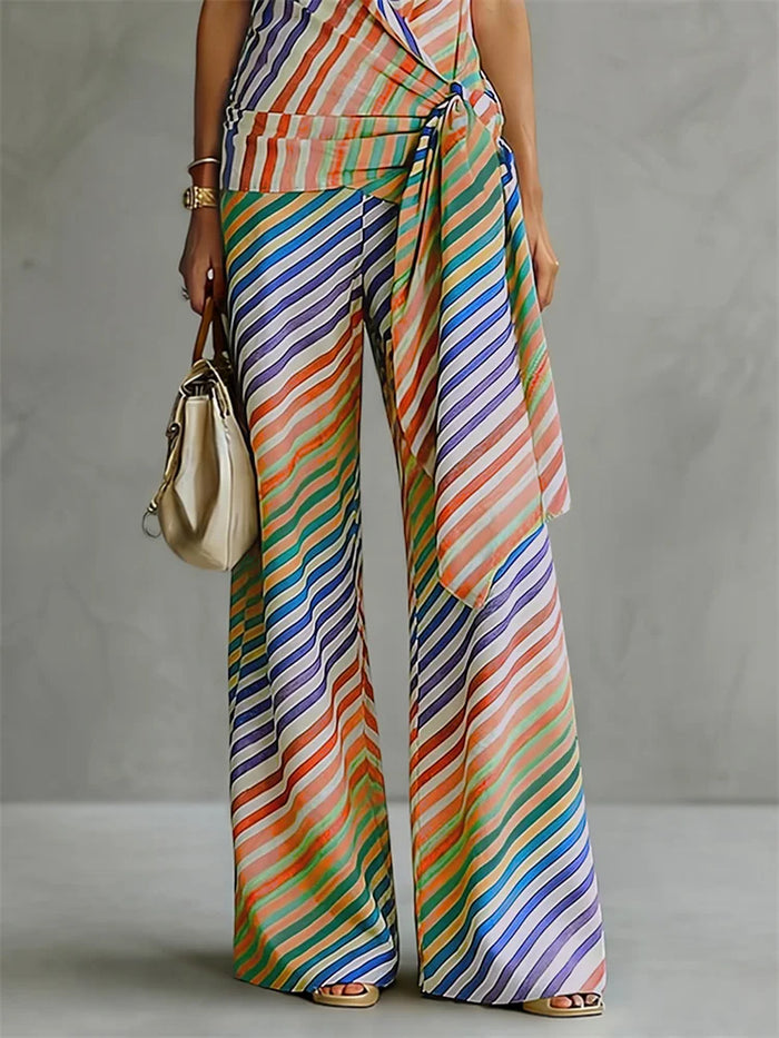 Yeezzi Women's Multicolor Diagonal Striped Palazzo Pants 2026 New Fashion Loose Casual High Waist Wide Leg Trousers Bottoms