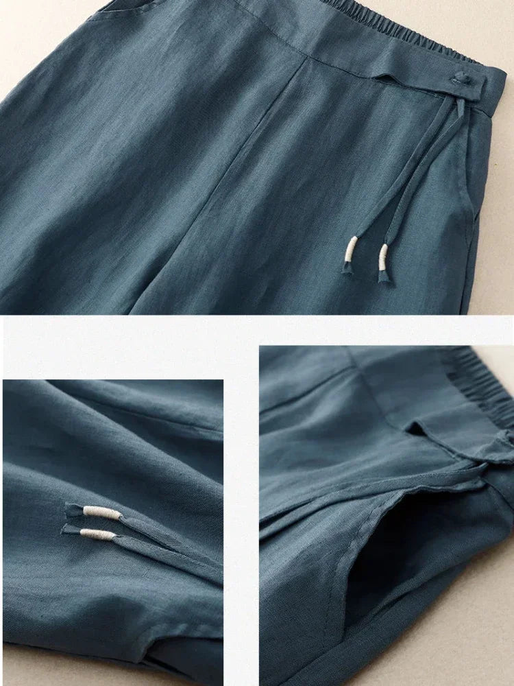 Women's High Waist Wide Leg Pants Summer 2026 Yellow Retro Cotton Linen Casual Pants Women Loose Straight Elastic Trousers