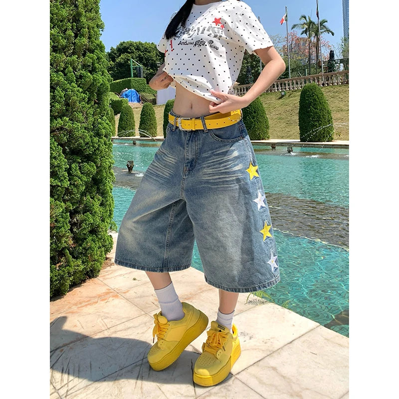 YIBASHU 2026 Summer Women American Retro Jorts Punk Denim Shorts Y2K 2000s Japanese Harajuku Blue Star Cargo Jeans Pants