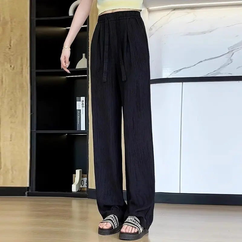 Women's High Waist Wide Leg Pants 2026 Summer Ice Silk Linen Loose Fit Flowy Straight Leg Casual Trousers Women Pants Sweatpants
