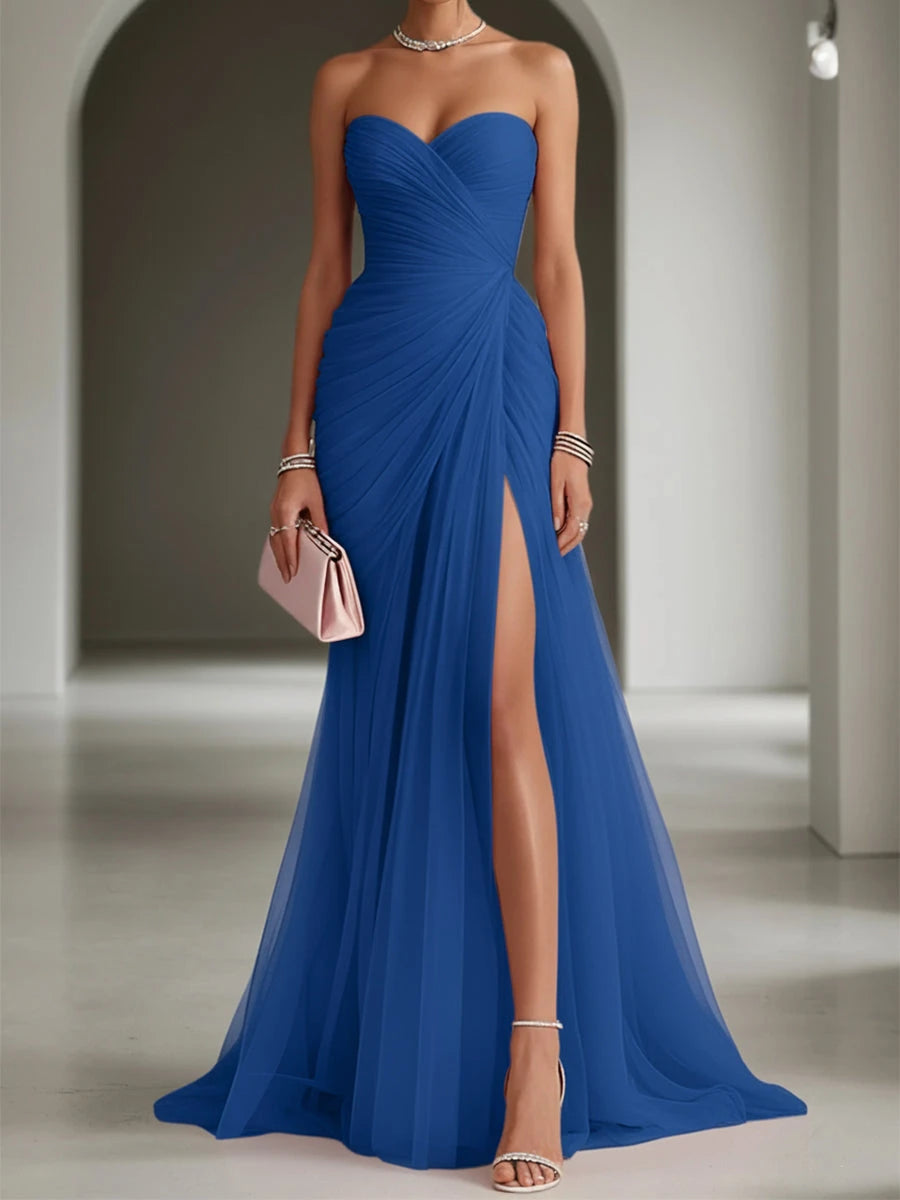 Sweetheart Strapless Ruched Tulle Gown | High Slit Lace-Up Formal Bridesmaid & Wedding Guest Dress
