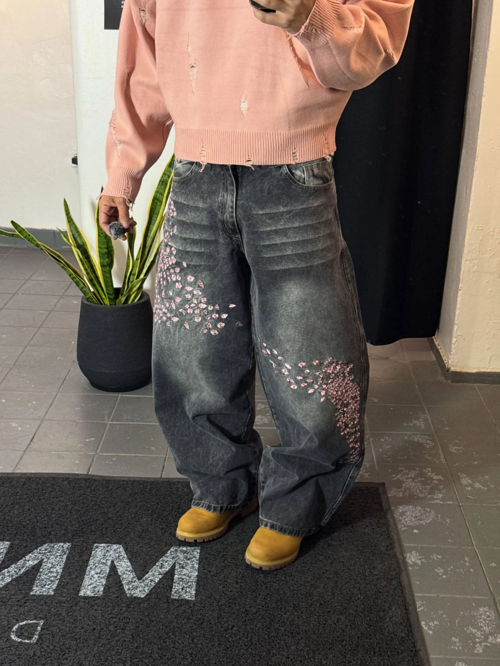 2026 Gray and White Retro Low Waist Hip Hop Cherry Blossom Embroidered Jeans Wide Leg Pants Y2K Clothes Men Women Loose Jeans