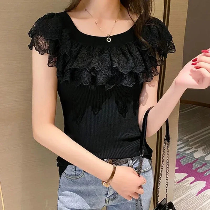 Off the Shoulder Lace Ruffle Knit Top Rib-Knit Bardot Neck Sweater Blouse Tops Women Spring Summer 2026 Lady Coquette Fairycore
