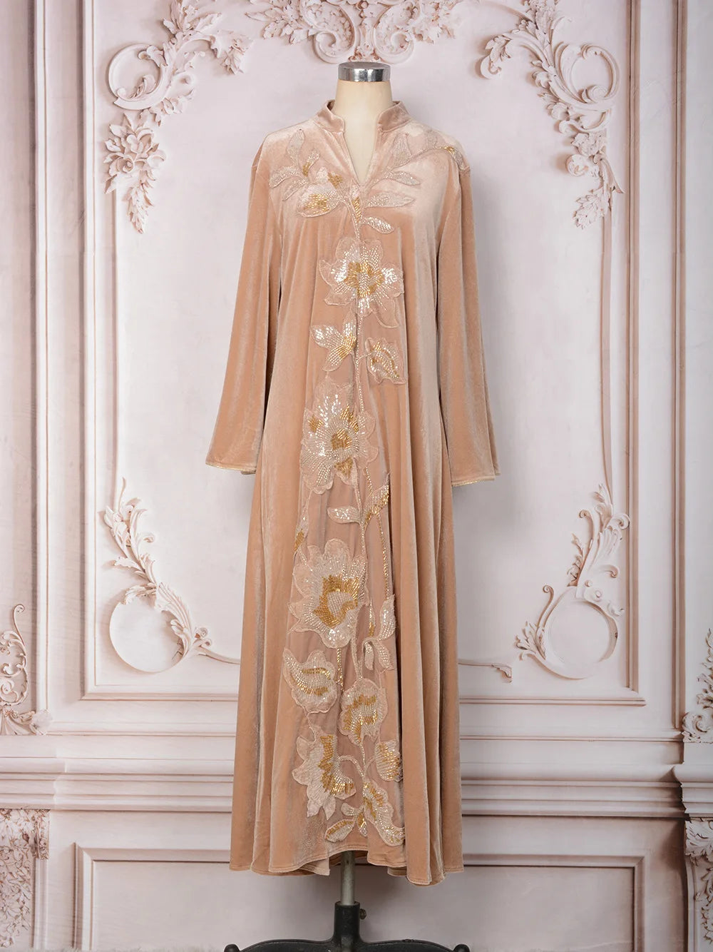 Floral Beaded Velvet Kaftan Dress | Long Sleeves | Braviixx