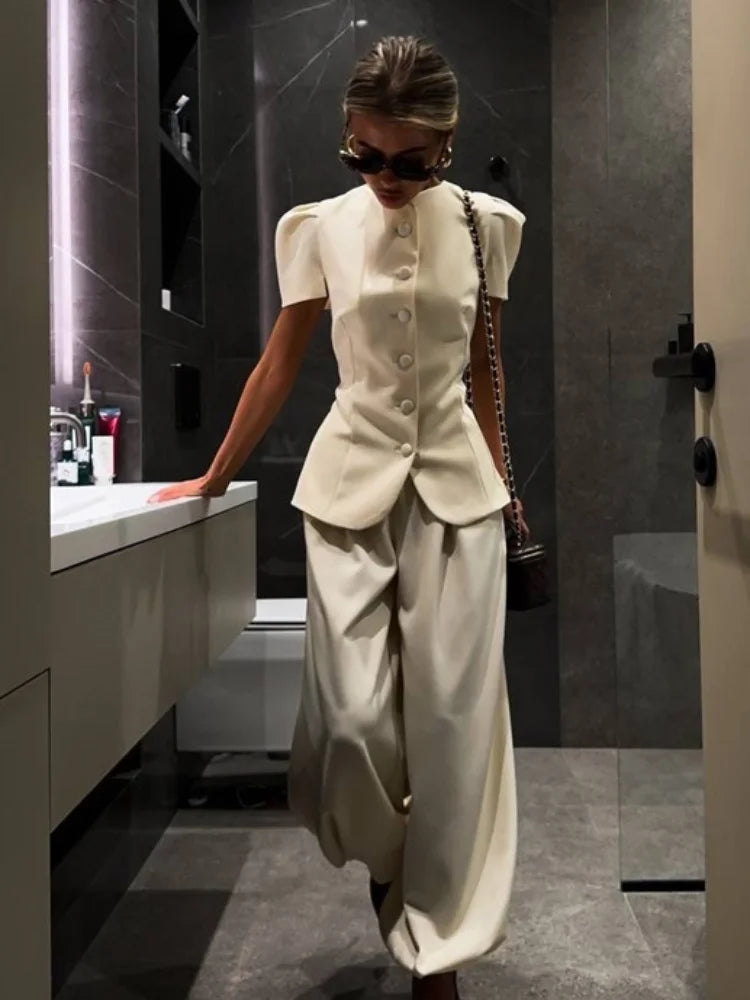 Women's Frog Button Puff Sleeve Shirt Trousers Set O-neck Leg-binding Lantern Pants Suits Lady 2026 Spring Summer Female Outfits