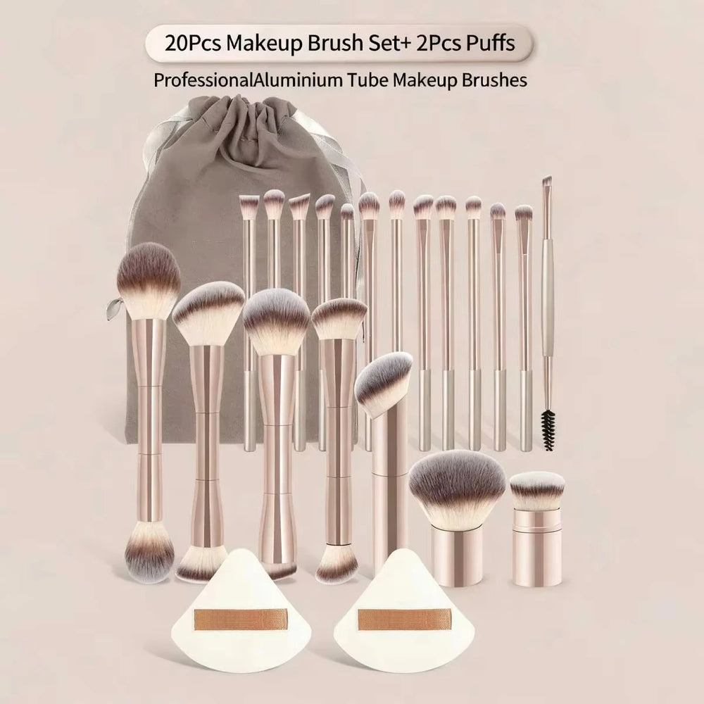 22-Piece Makeup Brush Set | 20 Brushes, 2 Powder Puffs & Bag | Braviixx