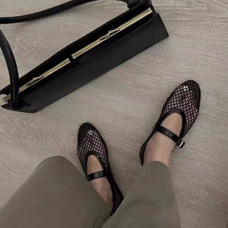 Mesh Black Ballet Shoes Female Summer New Flat Hollow Mesh Breathable Single Shoe Fishnet Shoes Sandals