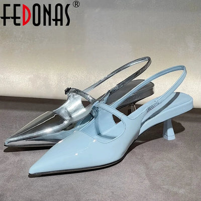 Women's Genuine Leather Pointed-Toe Slingback Kitten Heel Pumps | Mary Jane Strap | UK 3–12