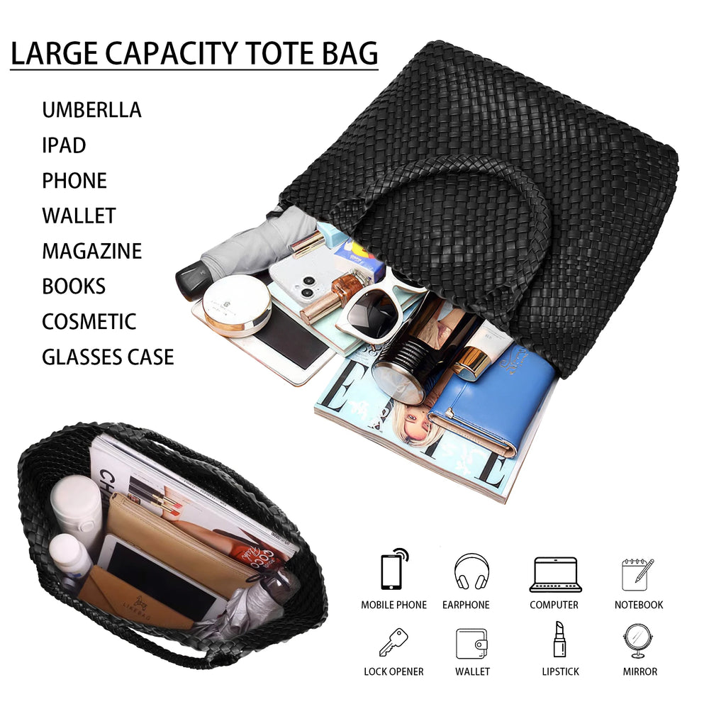 Woven Tote Bag Womens Purse Vegan Leather Shoulder Handbags - Fashion Summer Beach Tote Bags - Large Travel Totes
