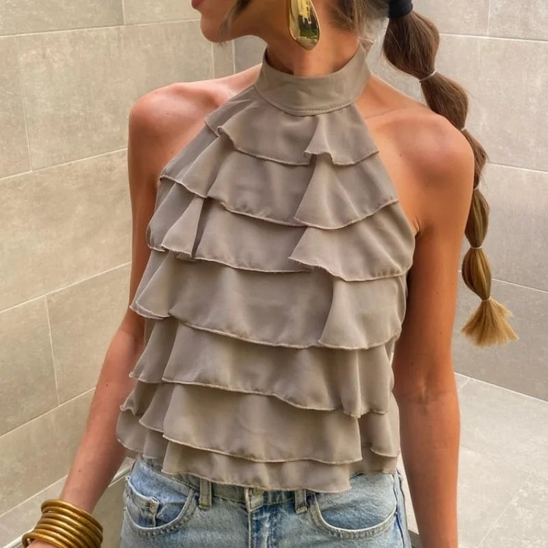 Women's Ruffle Layered Chiffon Crop Halter Vest Top 2026 Summer Sleeveless Going Out Tank Tops Y2k Streetwear