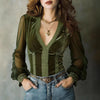 Velvet Blouse for Women Sexy Deep V Neck Summer Sheer Mesh Long Sleeves Blouse Elegant Chic Pullovers Mujer Tops 2026