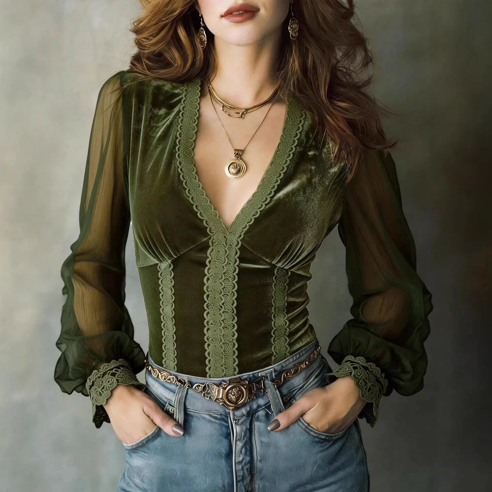 Velvet Blouse for Women Sexy Deep V Neck Summer Sheer Mesh Long Sleeves Blouse Elegant Chic Pullovers Mujer Tops 2026
