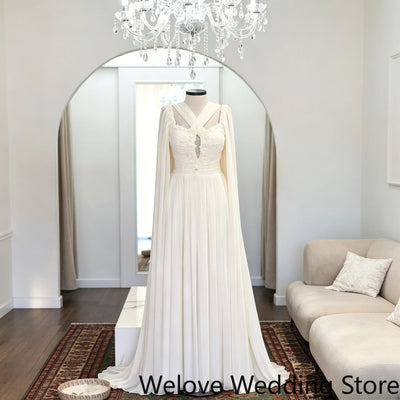 Women's Chiffon A-Line Wedding Dress | Crisscross Halter V-Neck | Keyhole Cutout | Cape Sleeves | Lace Bodice | Ivory | US 2–26W