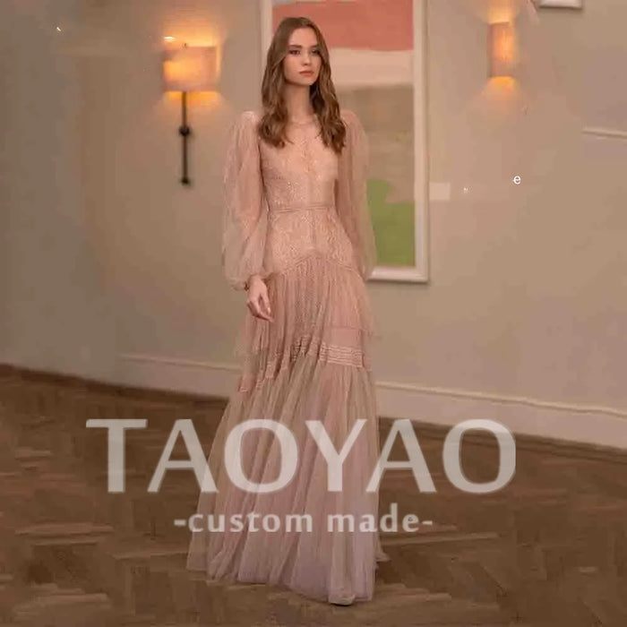 Elegant O-Neck A-Line Tulle Prom Gown | Full Sleeve Maxi Formal Evening Dress