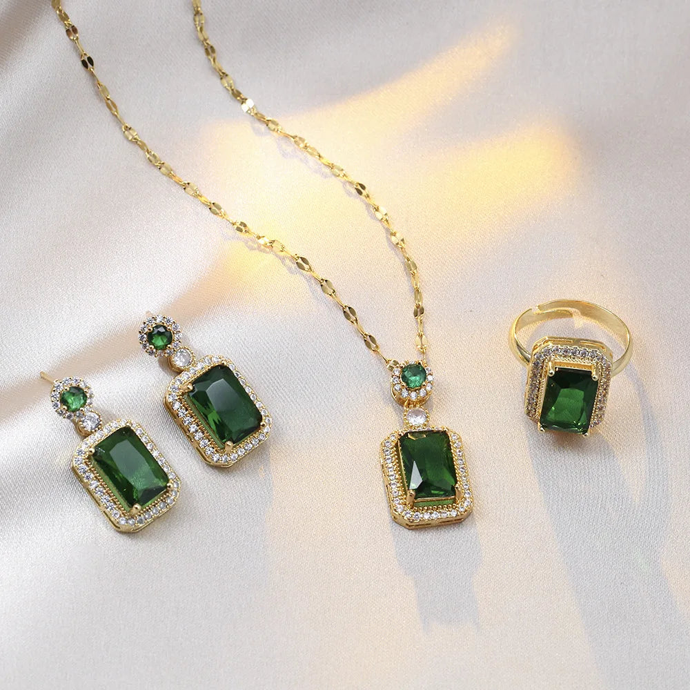 Green Rhinestone Necklace, Earrings & Ring Set | Braviixx