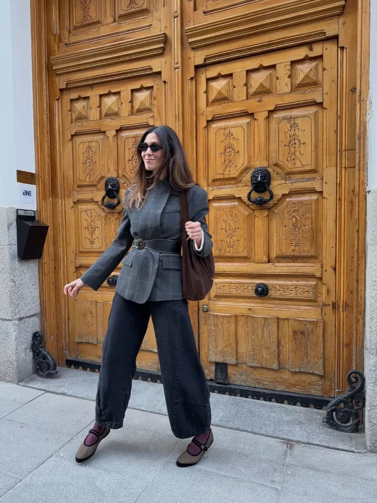 Women Stand Collar Irregular Plaid Blazer Jackets Long Sleeve Split Loose Short Jackets 2026 Stylish Lady Daily Commute Outwears
