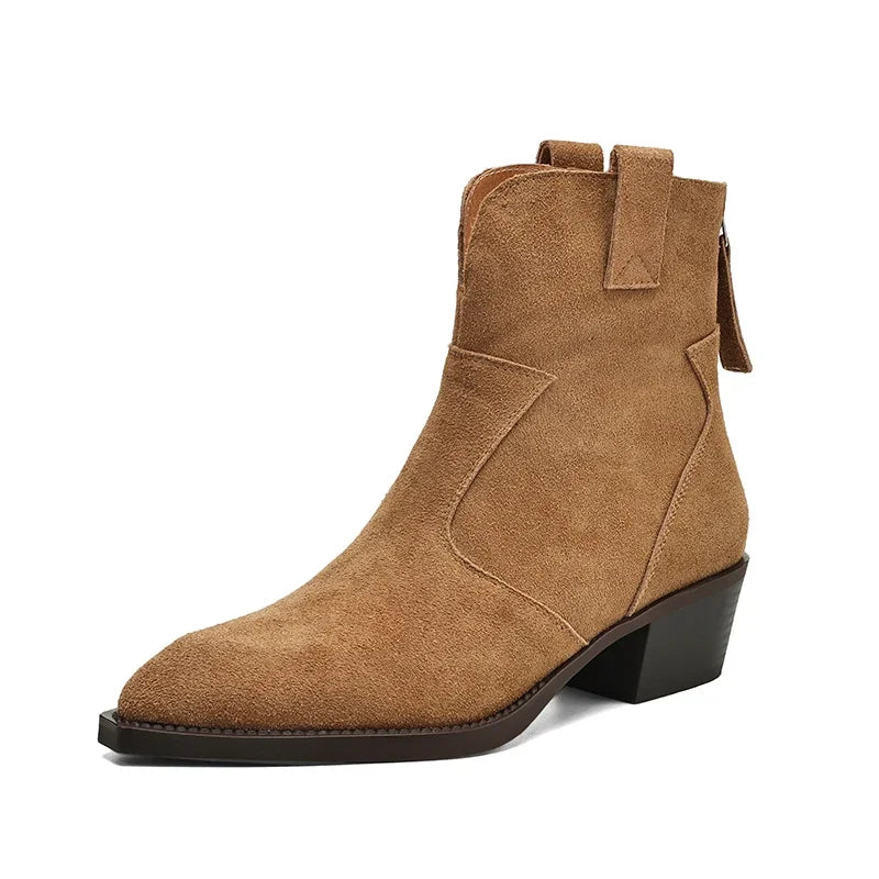 Natural Suede Women Western Boots Winter Black Brown Khaki Ladies Square Toe  Ankle Boots Fashion Patchwork Back Zipper Boots