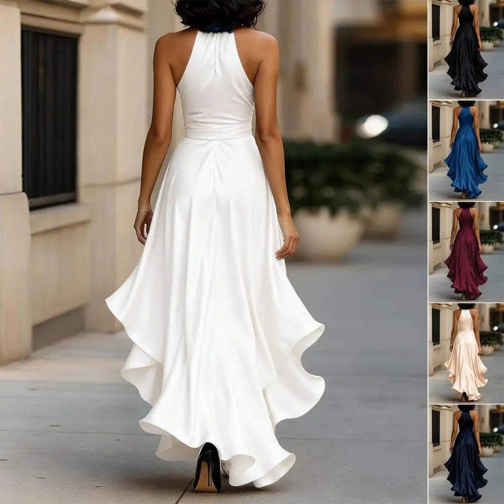 Satin-Look Halter Dress | Ruffle High-Low Hem & Tie Waist | Braviixx