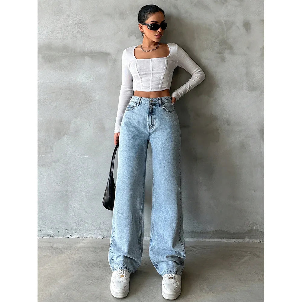 2026 Jeans Wide Leg Pants Women Streetwear High Waist Washed Distressed Pockets Vintage Full Length Denims Basis Trousers