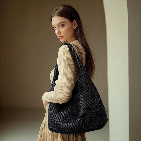 Women's Hand-Woven PU Leather Hobo Tote Bag | Intrecciato Basket Weave | Braided Handle | Matching Woven Clutch Included | 9 Colours