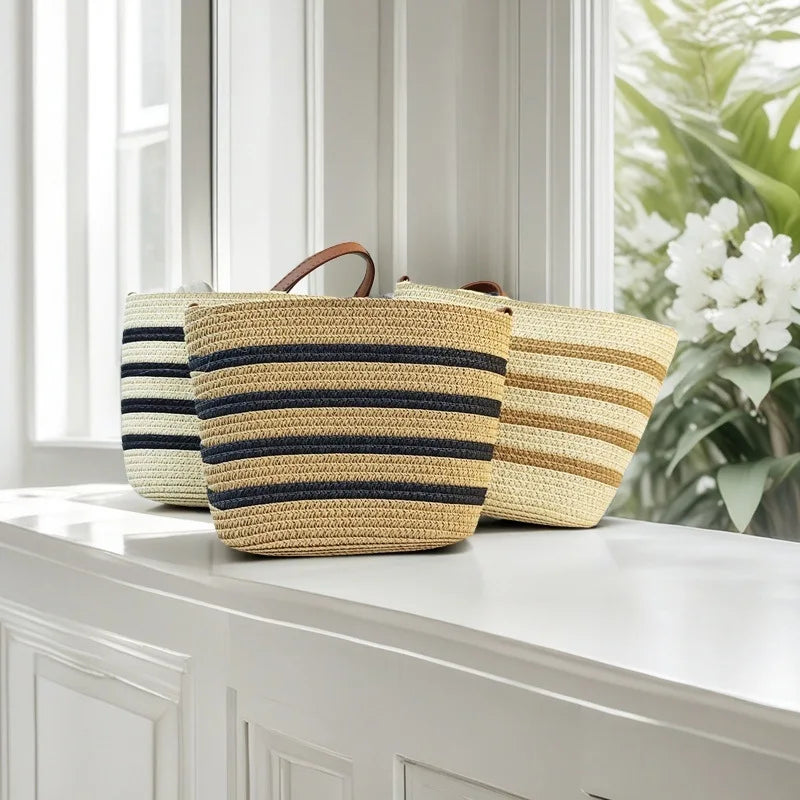 Women's Handwoven Straw Bucket Crossbody Bag | Linen · Striped · Beach · Travel | 4 Colours | Braviixx