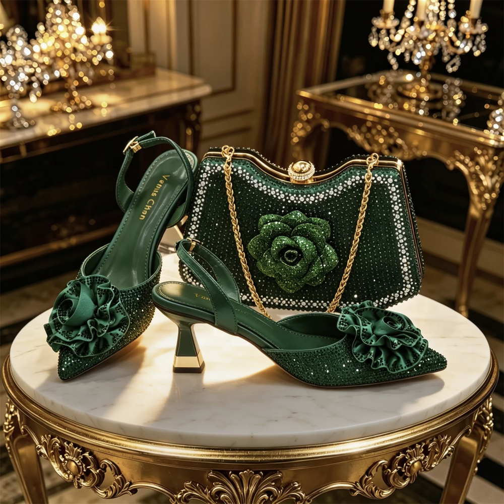 Women's Luxury 3D Rose Rhinestone Shoes & Bag Set – Pointed Toe Slingback Heels | 4 Colors | EU 37–42