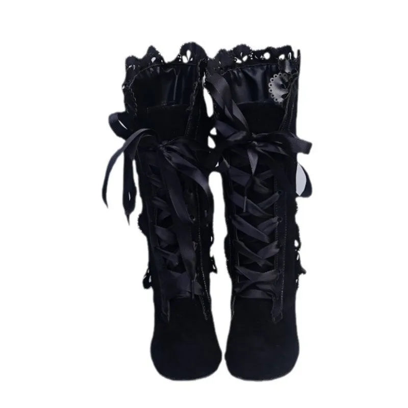 Women's Black Ribbon Lace-Up Boots | Block Heel | Braviixx