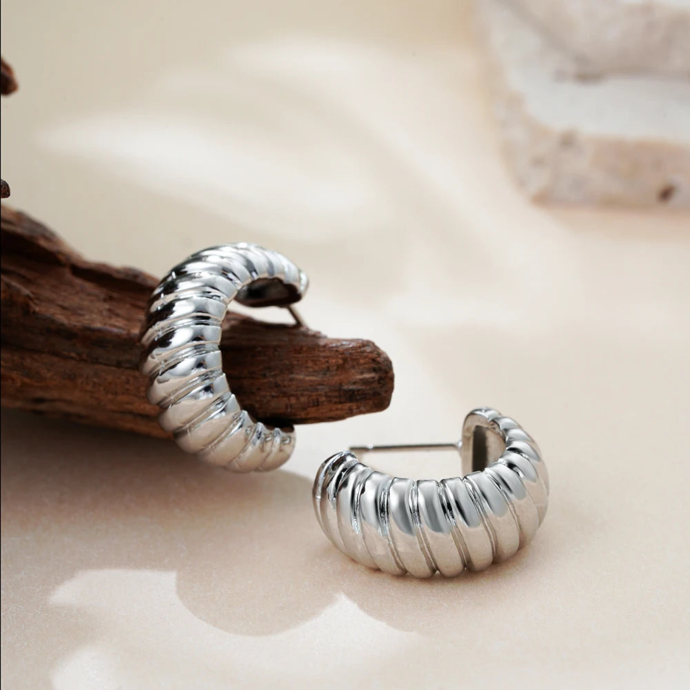 Vintage Texture Stripe C-shape Chunky Hoop Earrings for Women 18k Gold Plated Twisted Statement Hoops Fashion Jewelry Gifts