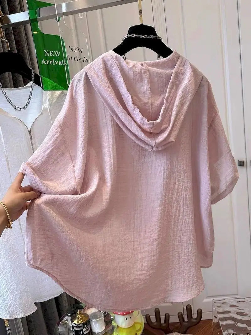 Oversized T Shirts Women Summer Hooded Short Sleeve T-shirt French Thin Tops Fashion Loose Design Niche Hoodie Tshirt Woman 2026