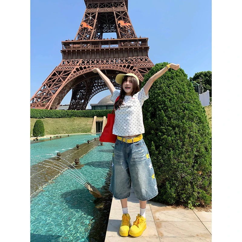 YIBASHU 2026 Summer Women American Retro Jorts Punk Denim Shorts Y2K 2000s Japanese Harajuku Blue Star Cargo Jeans Pants